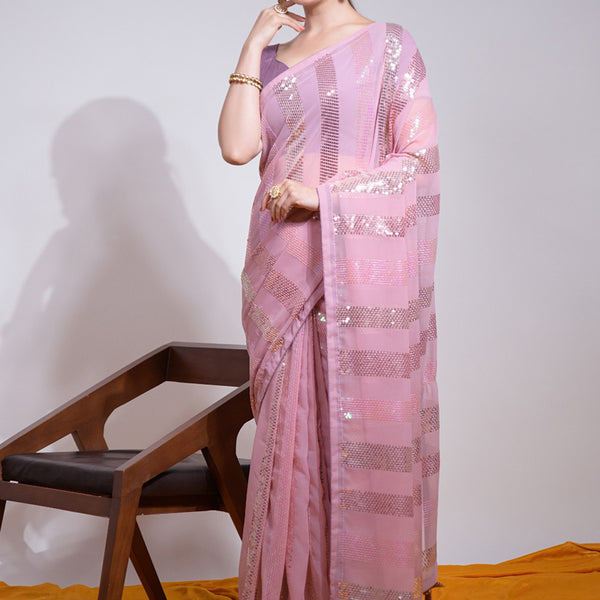 Vegaa Fashion Baby Pink Georgette Sequence Party Wear Saree - Distacart