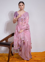 Thumbnail for Vegaa Fashion Baby Pink Georgette Sequence Party Wear Saree