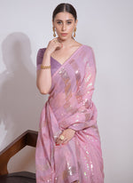 Thumbnail for Vegaa Fashion Baby Pink Georgette Sequence Party Wear Saree