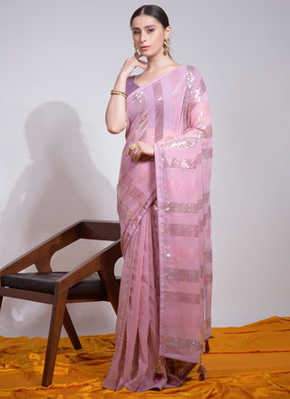 Vegaa Fashion Baby Pink Georgette Sequence Party Wear Saree
