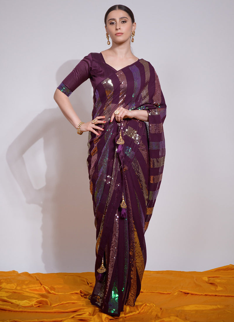 Vegaa Fashion Wine Georgette Sequence Party Wear Saree