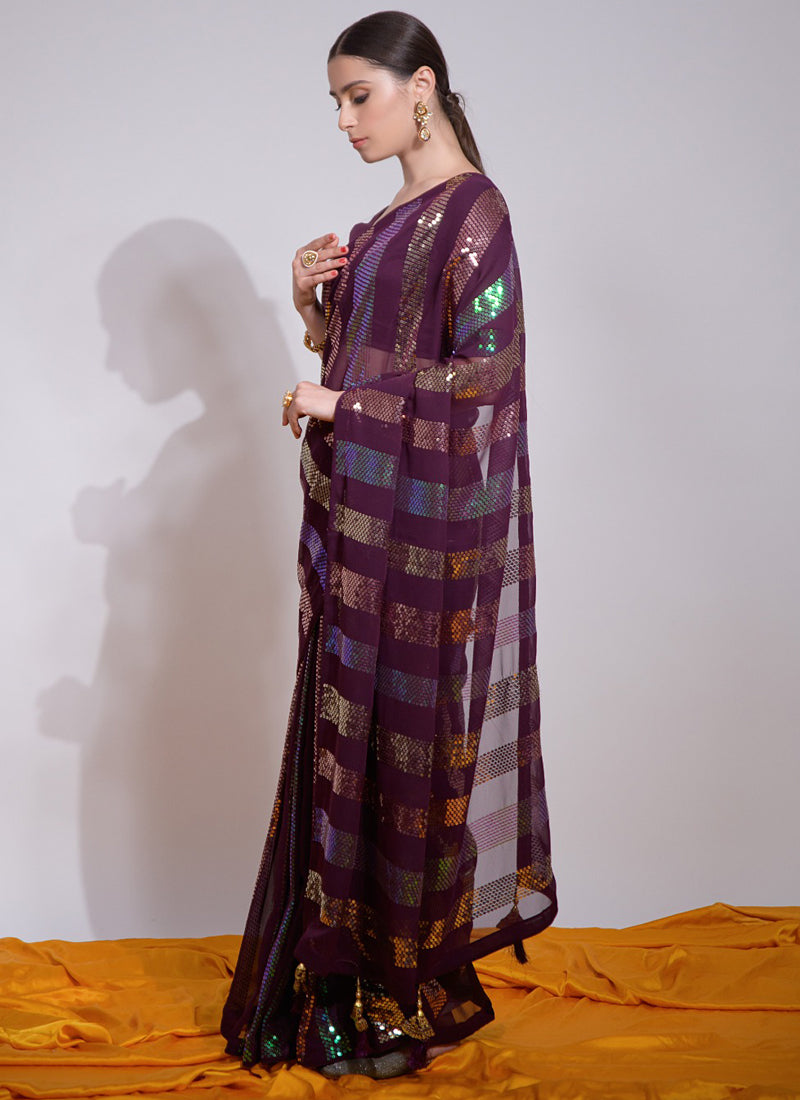 Vegaa Fashion Wine Georgette Sequence Party Wear Saree