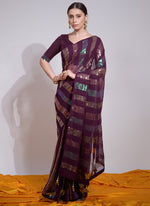 Thumbnail for Vegaa Fashion Wine Georgette Sequence Party Wear Saree