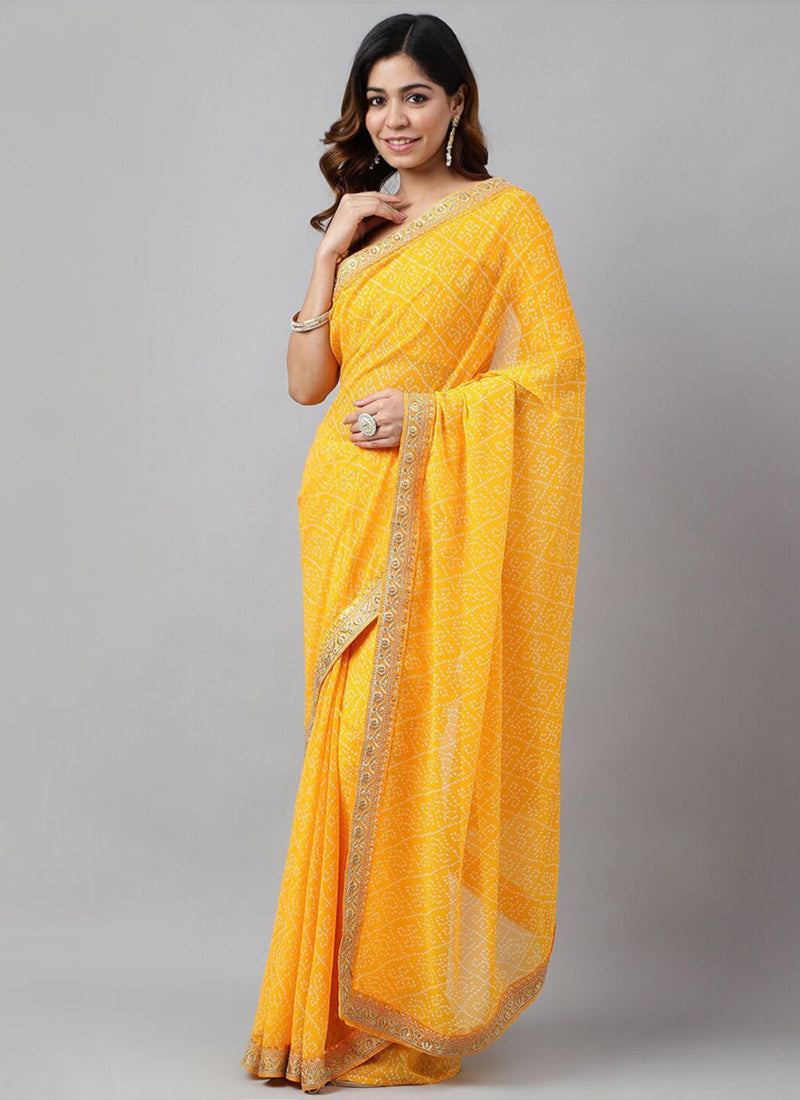Vegaa Fashion Yellow Soft Georgette Bandhani Saree