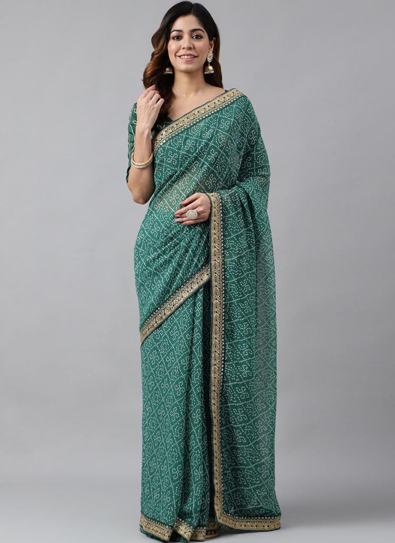 Vegaa Fashion Green Soft Georgette Bandhani Saree