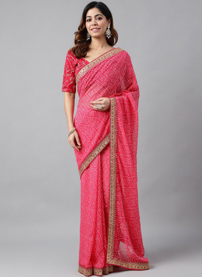Vegaa Fashion Pink Soft Georgette Bandhani Saree