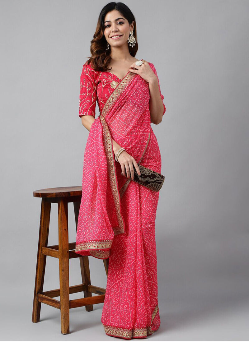 Vegaa Fashion Pink Soft Georgette Bandhani Saree