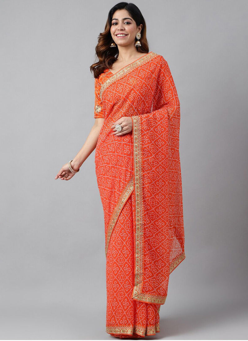 Vegaa Fashion Orange Soft Georgette Bandhani Saree