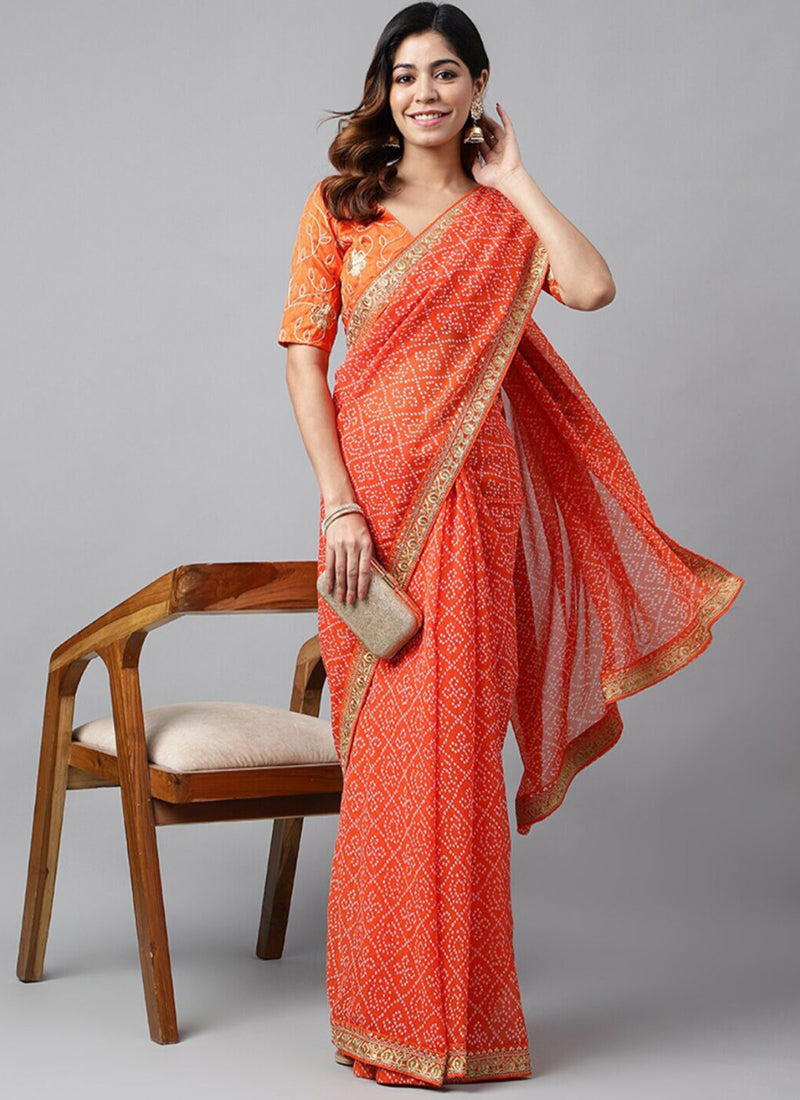 Vegaa Fashion Orange Soft Georgette Bandhani Saree