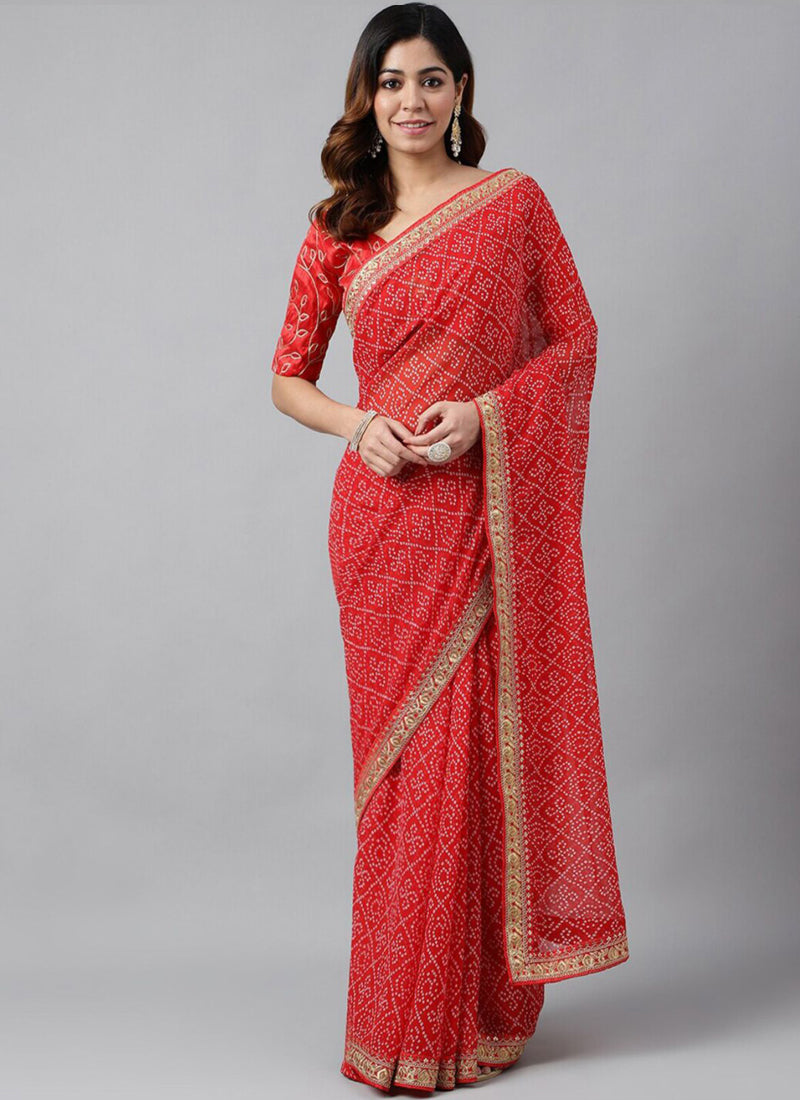 Vegaa Fashion Red Soft Georgette Bandhani Saree