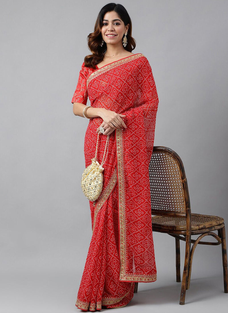 Vegaa Fashion Red Soft Georgette Bandhani Saree