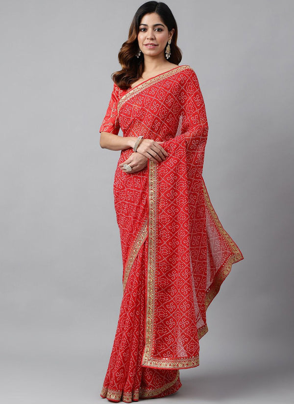 Vegaa Fashion Red Soft Georgette Bandhani Saree