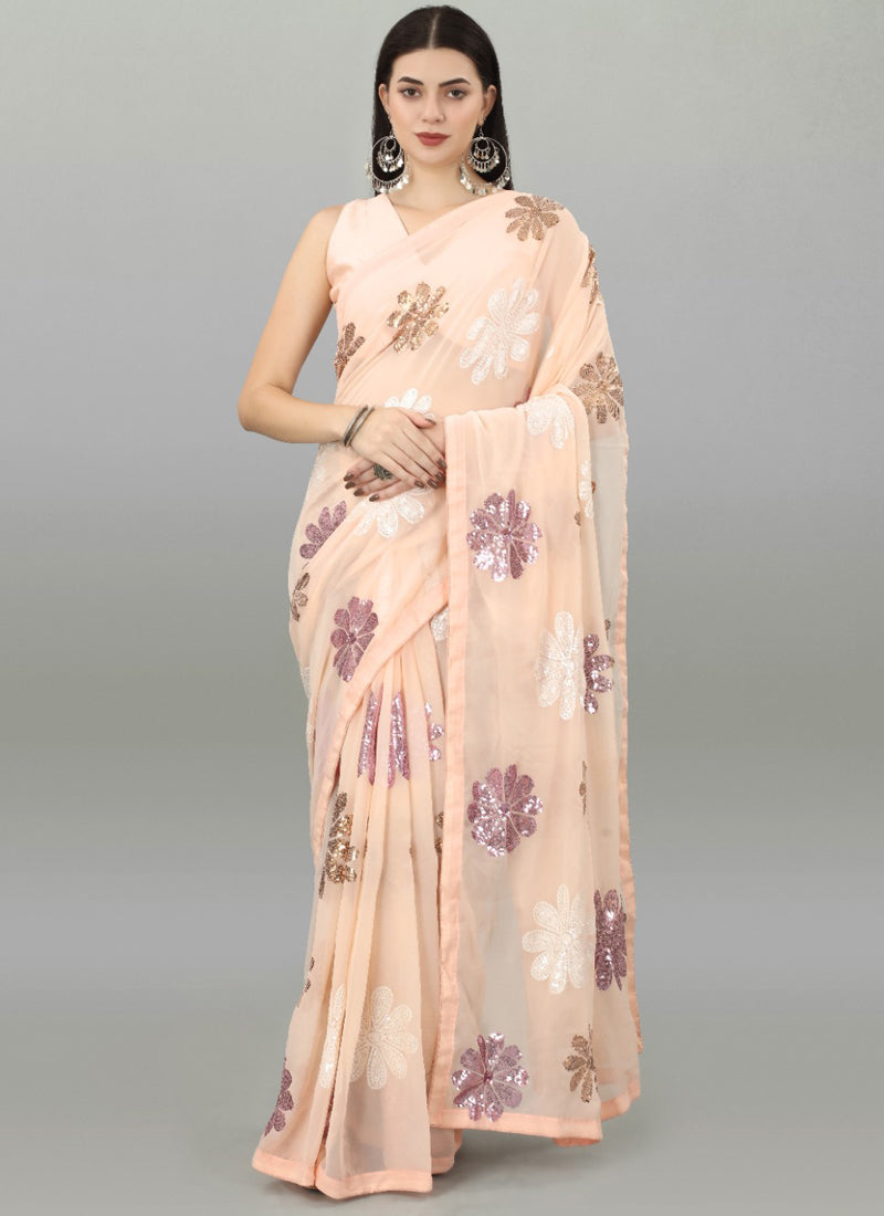 Vegaa Fashion Peach Georgette Embroidered Saree