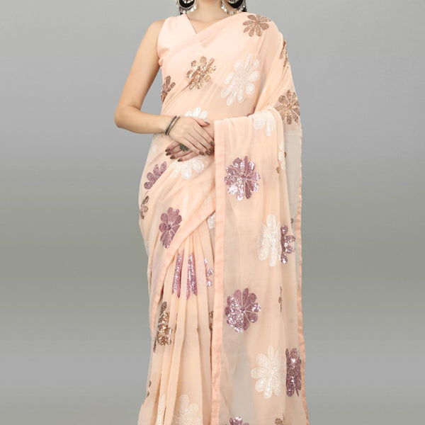 Vegaa Fashion Peach Georgette Embroidered Saree - Distacart