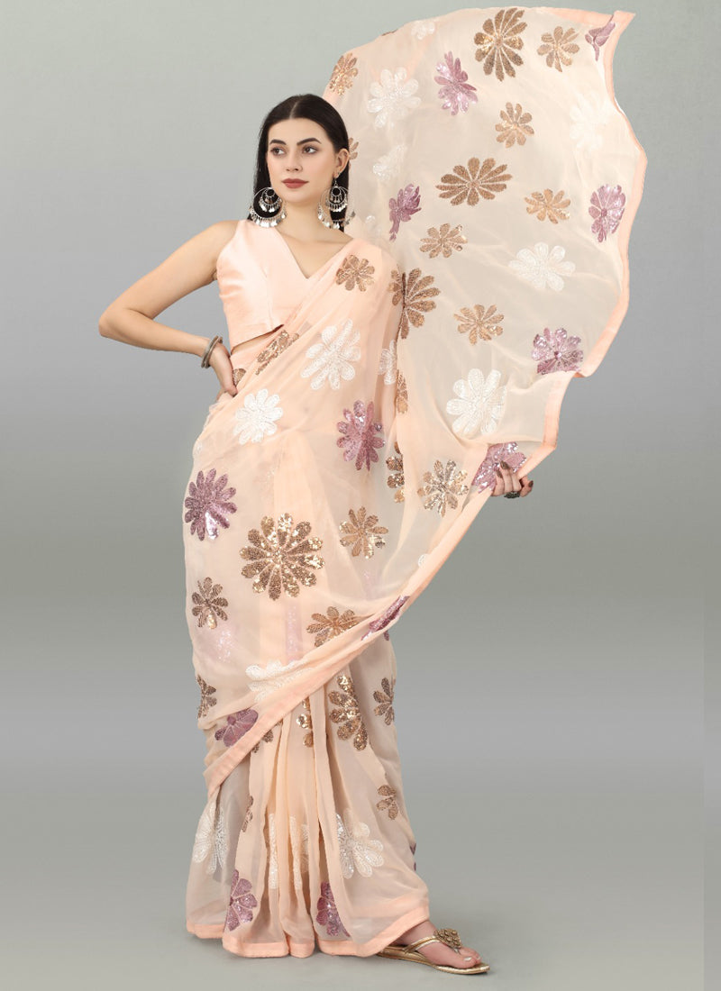 Vegaa Fashion Peach Georgette Embroidered Saree