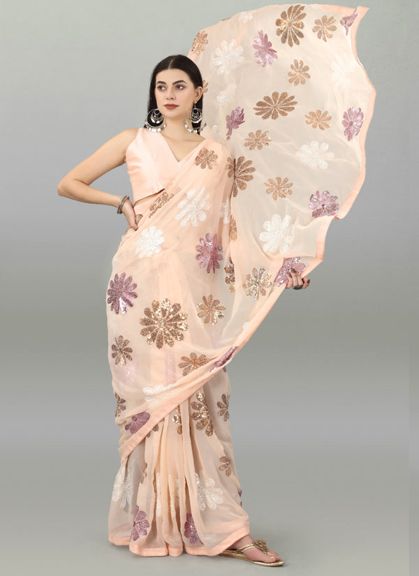 Vegaa Fashion Peach Georgette Embroidered Saree
