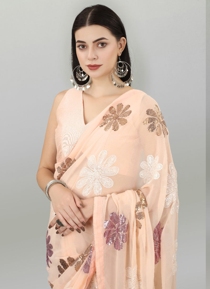 Vegaa Fashion Peach Georgette Embroidered Saree
