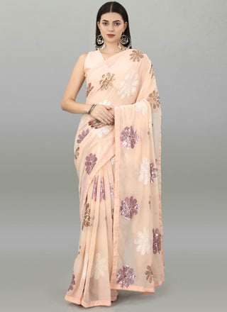 Vegaa Fashion Peach Georgette Embroidered Saree