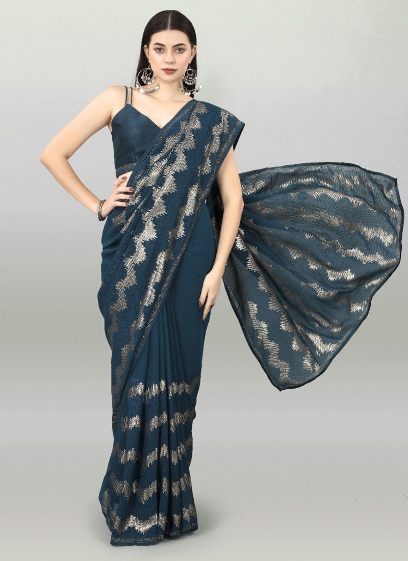 Vegaa Fashion Acqua Blue Georgette Sequence Party Wear Saree