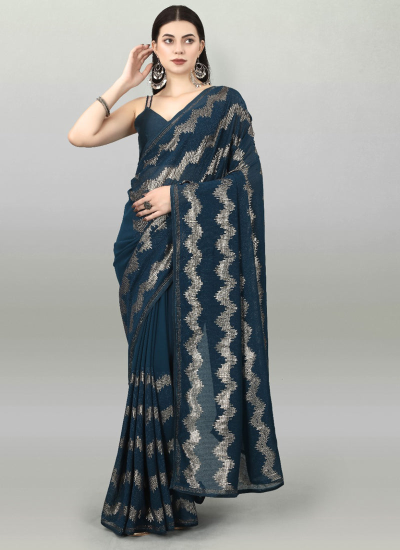 Vegaa Fashion Acqua Blue Georgette Sequence Party Wear Saree