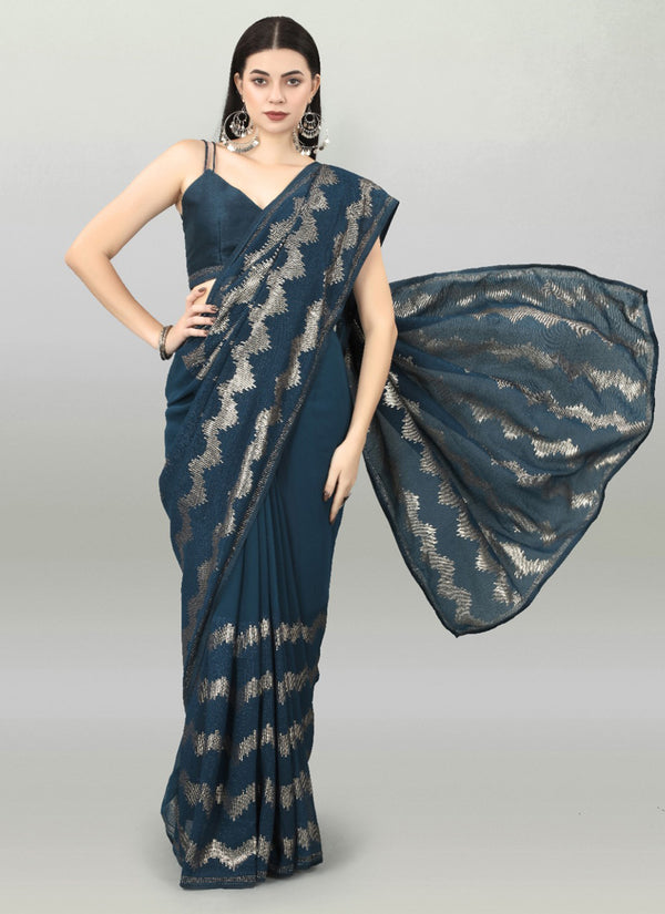 Vegaa Fashion Acqua Blue Georgette Sequence Party Wear Saree