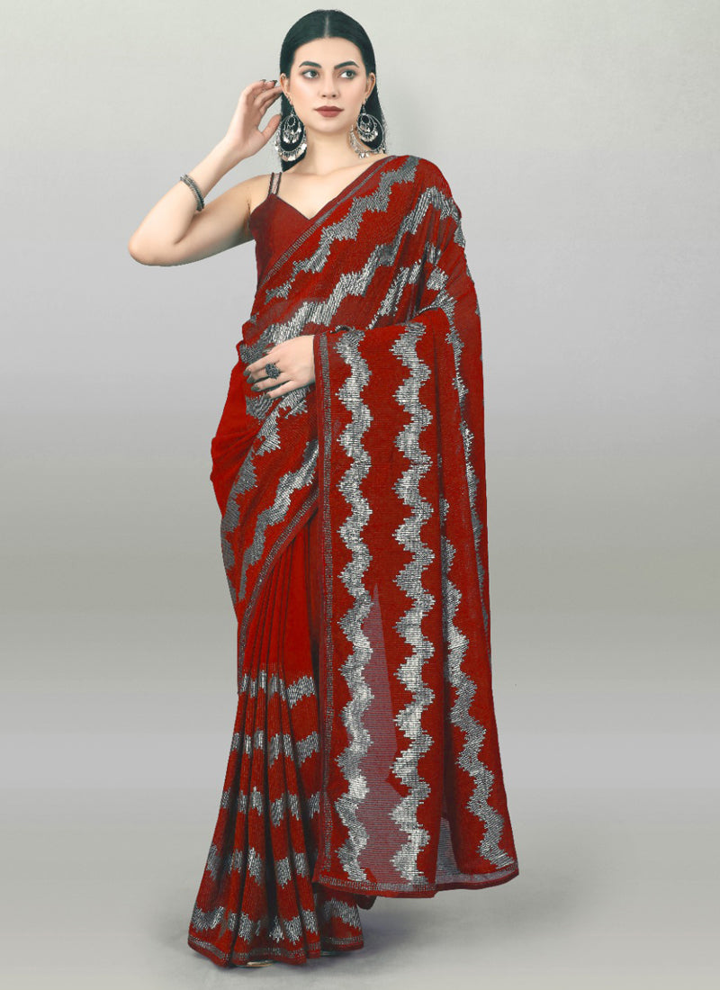 Vegaa Fashion Red Georgette Sequence Party Wear Saree
