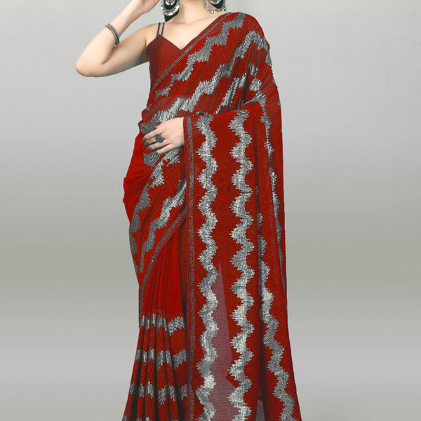 Vegaa Fashion Red Georgette Sequence Party Wear Saree - Distacart