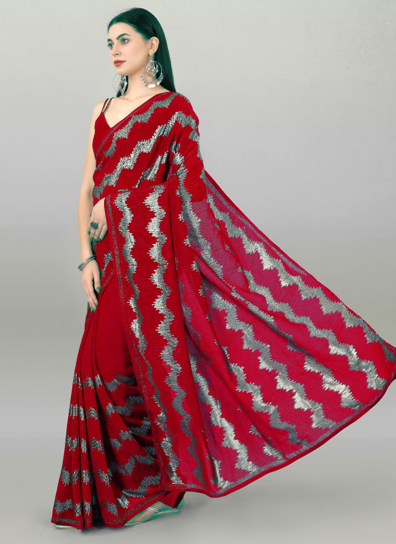 Vegaa Fashion Red Georgette Sequence Party Wear Saree