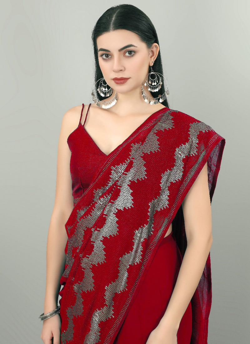 Vegaa Fashion Red Georgette Sequence Party Wear Saree