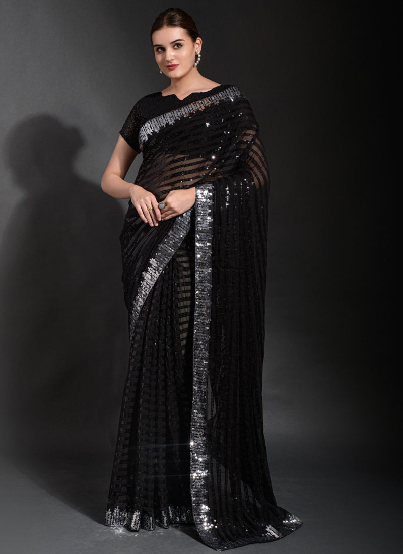 Vegaa Fashion Black Georgette Sequence Party Wear Saree