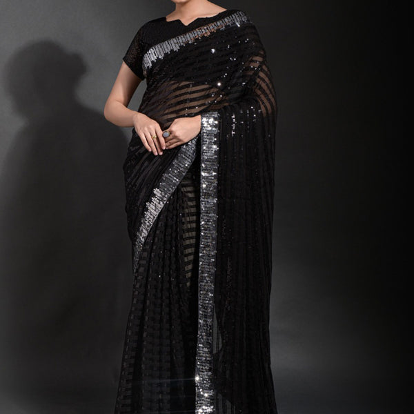 Vegaa Fashion Black Georgette Sequence Party Wear Saree - Distacart