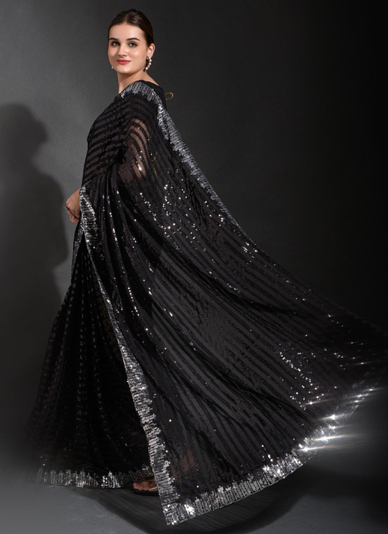 Vegaa Fashion Black Georgette Sequence Party Wear Saree