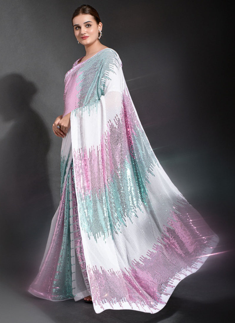 Vegaa Fashion Off White Georgette Sequence Party Wear Saree