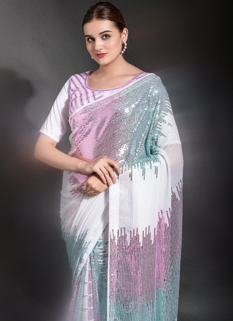 Vegaa Fashion Off White Georgette Sequence Party Wear Saree