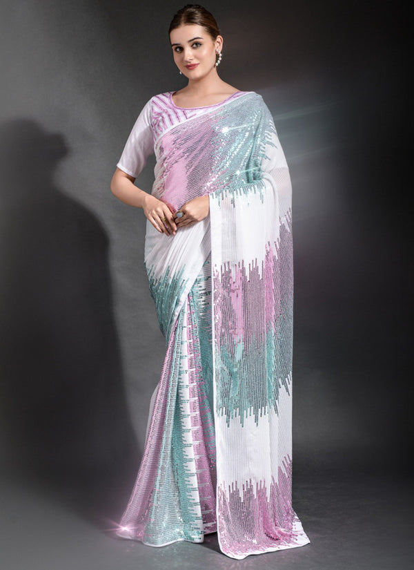 Vegaa Fashion Off White Georgette Sequence Party Wear Saree