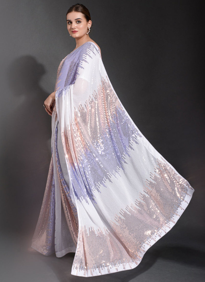 Vegaa Fashion Off White Georgette Sequence Party Wear Saree