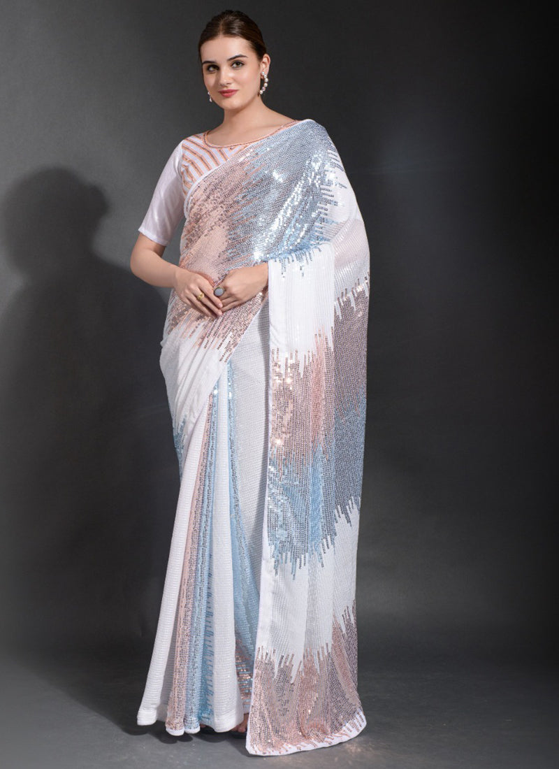 Vegaa Fashion Off White Georgette Sequence Party Wear Saree