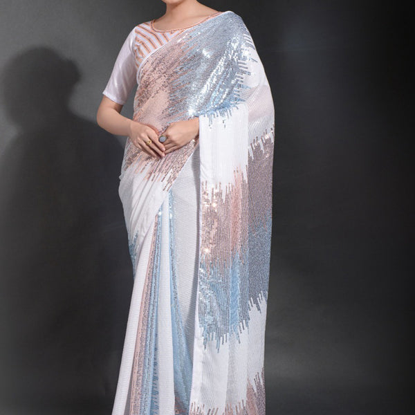 Vegaa Fashion Off White Georgette Sequence Party Wear Saree - Distacart