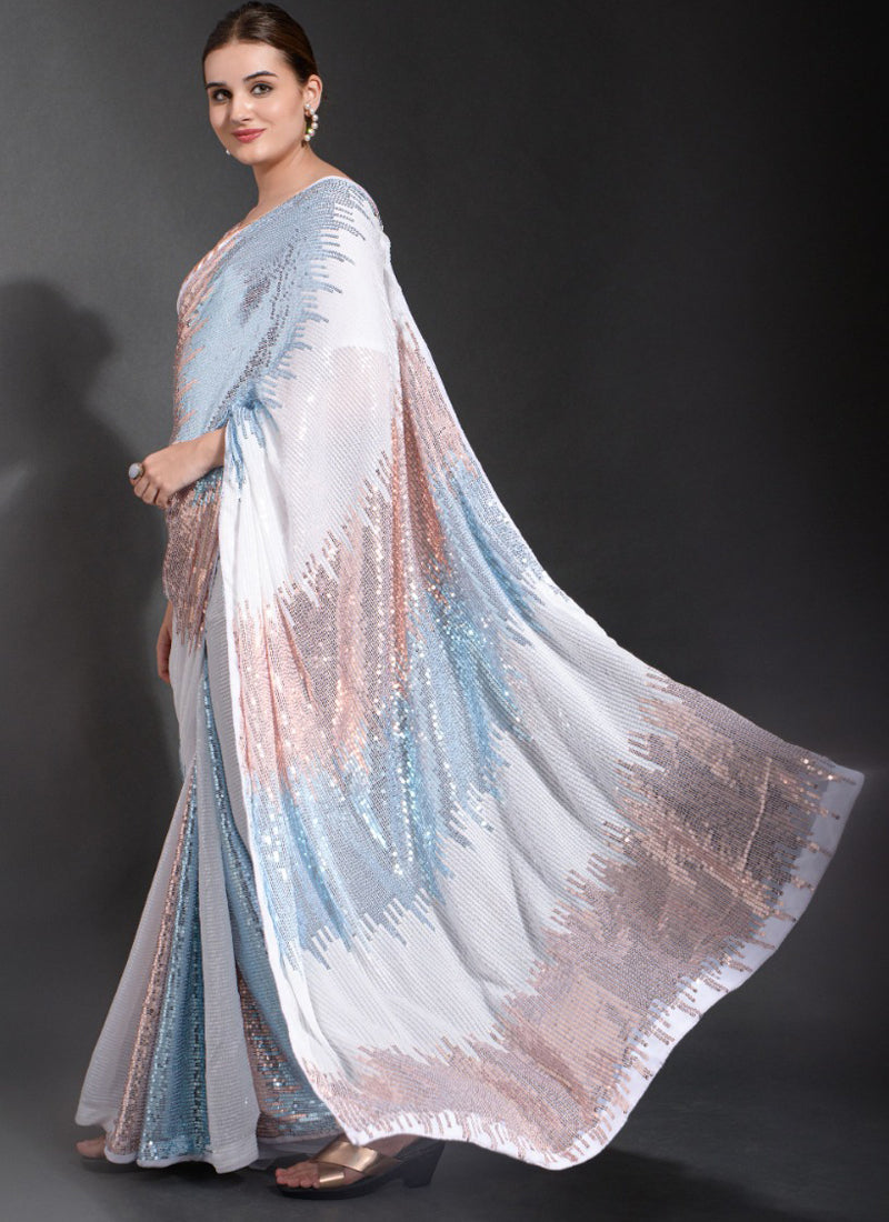 Vegaa Fashion Off White Georgette Sequence Party Wear Saree