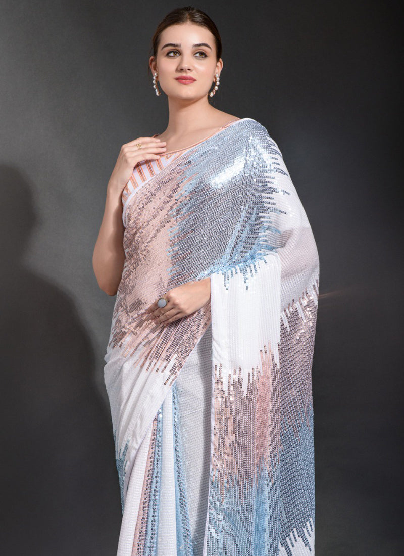 Vegaa Fashion Off White Georgette Sequence Party Wear Saree