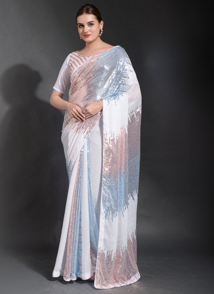 Vegaa Fashion Off White Georgette Sequence Party Wear Saree
