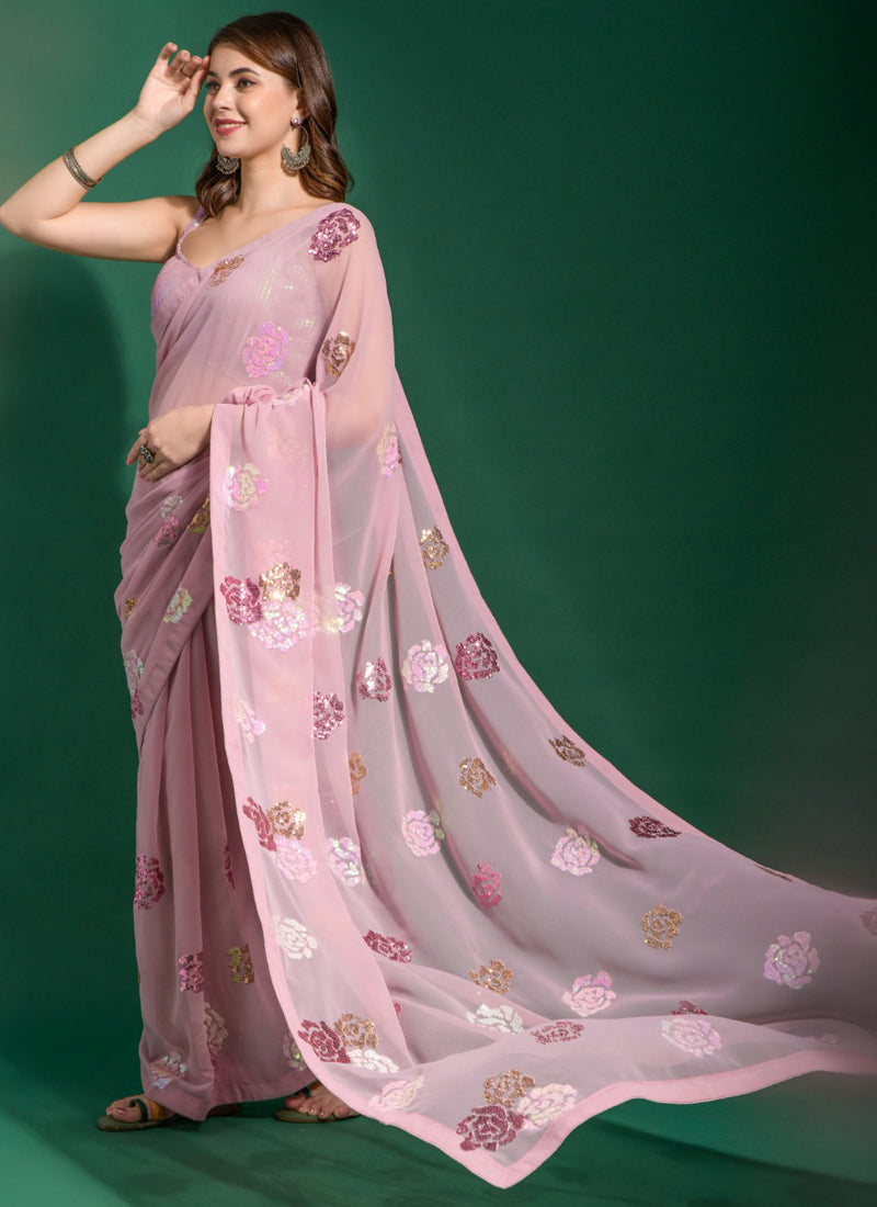 Vegaa Fashion Onion Pink Georgette Sequence Flower Work Saree
