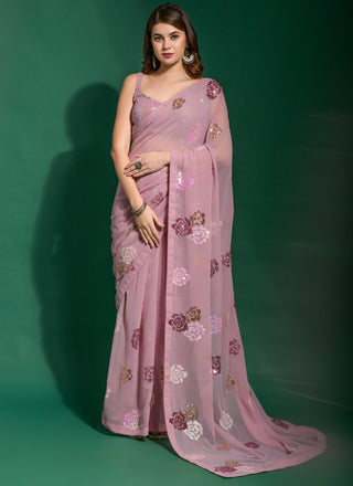 Vegaa Fashion Onion Pink Georgette Sequence Flower Work Saree
