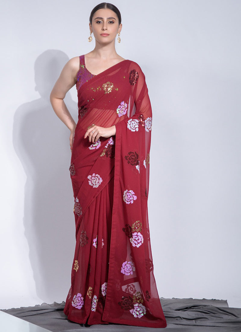 Vegaa Fashion Red Georgette Sequence Flower Work Saree