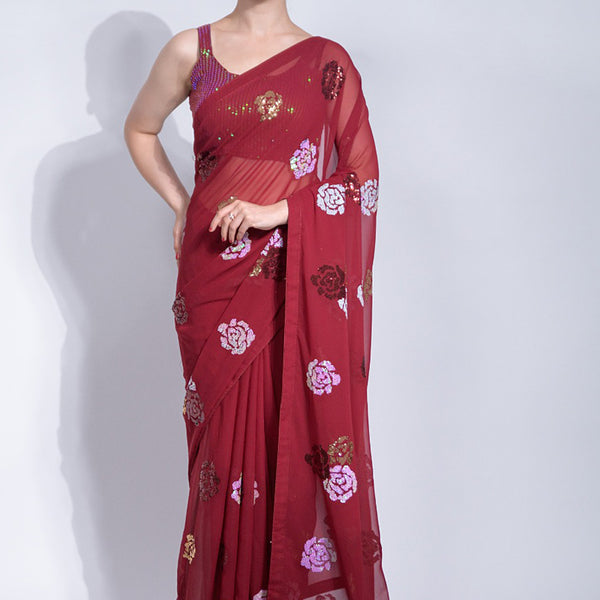 Vegaa Fashion Red Georgette Sequence Flower Work Saree - Distacart