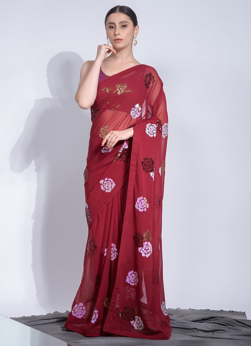 Vegaa Fashion Red Georgette Sequence Flower Work Saree