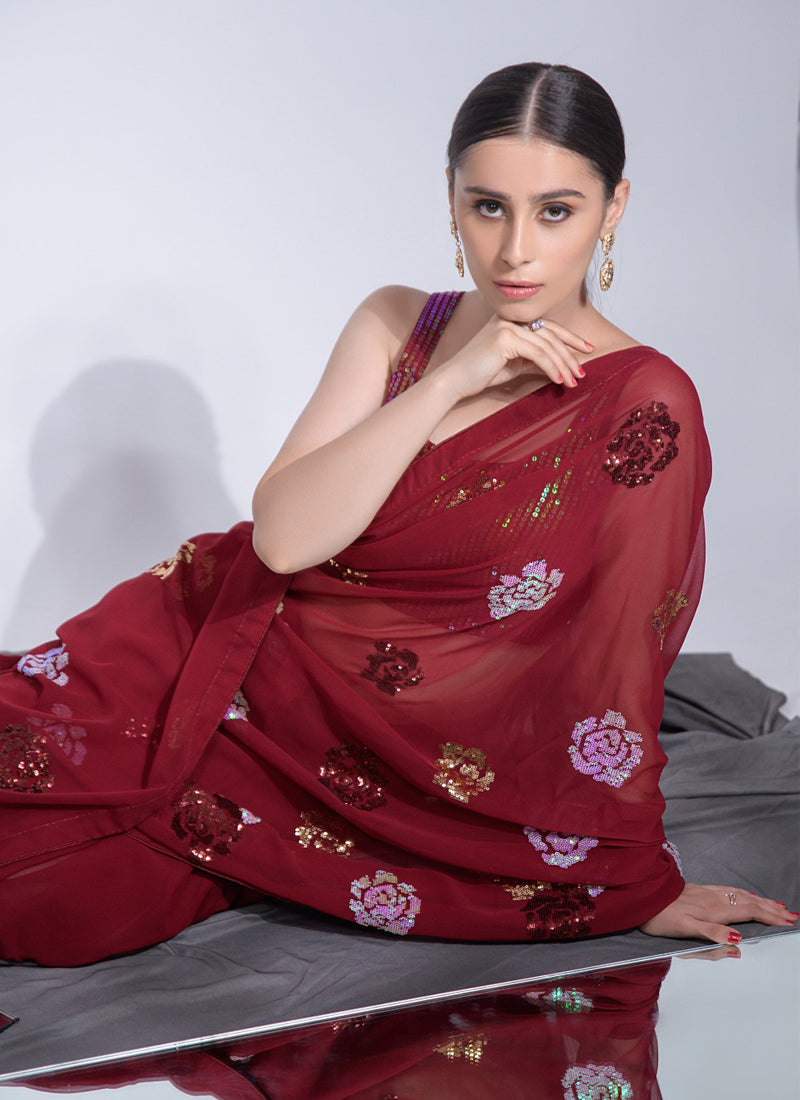 Vegaa Fashion Red Georgette Sequence Flower Work Saree