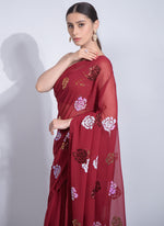 Thumbnail for Vegaa Fashion Red Georgette Sequence Flower Work Saree