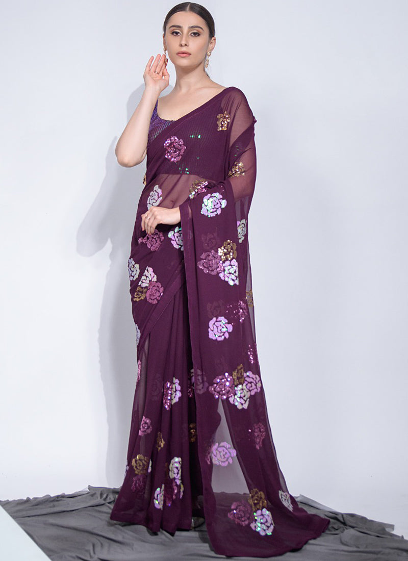 Vegaa Fashion Wine Georgette Sequence Flower Work Saree