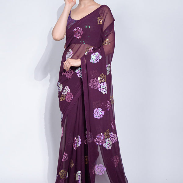 Vegaa Fashion Wine Georgette Sequence Flower Work Saree - Distacart